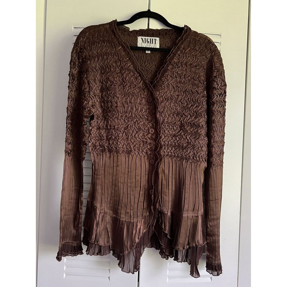 Night Studio New York Brown Ruffled Textured Button-Up Lightweight Jacket Small